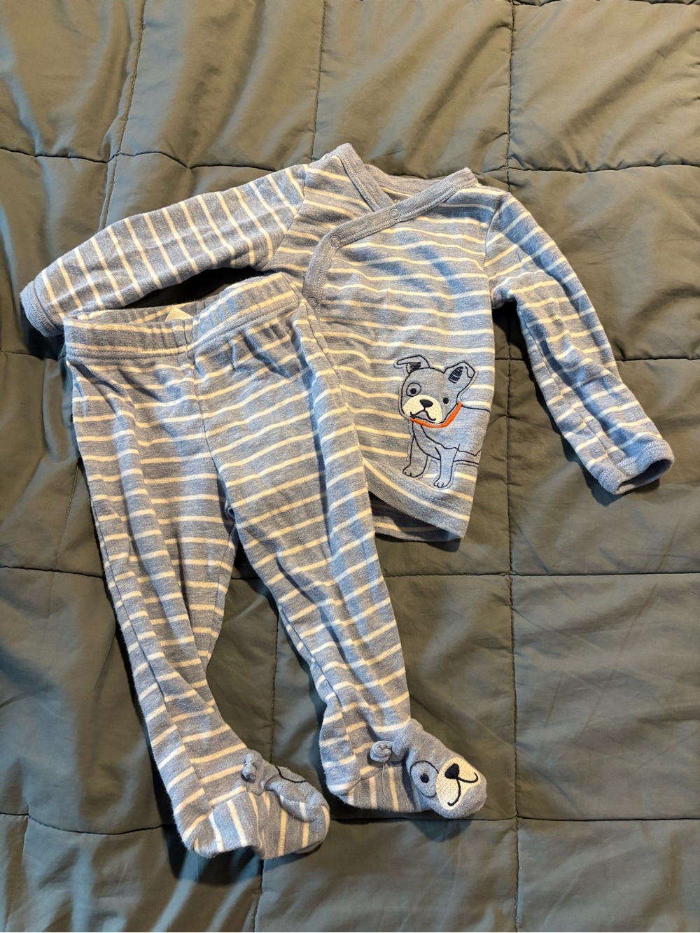 Gray & White Striped Baby Pajama Set with Puppy Design